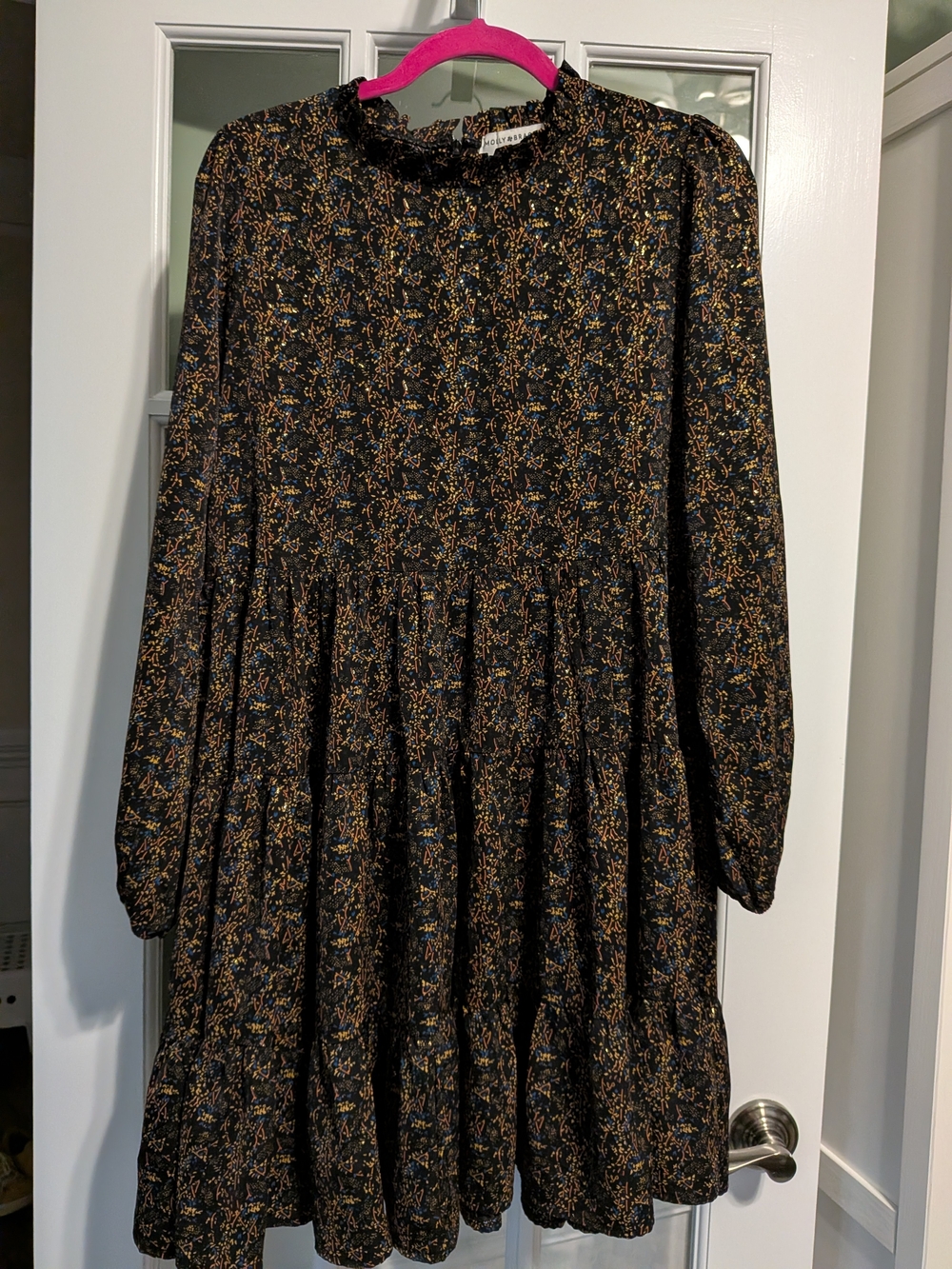 Molly Bracken Tiered Mini Dress Black Floral Long Sleeve Ruffle Neck Size M EUC